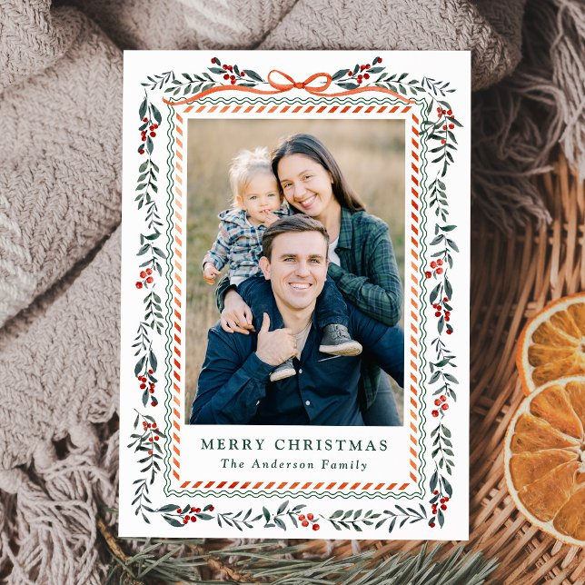 Whimsical Red Ribbon and Greenery 2 Photo Holiday Card (Creator Uploaded)