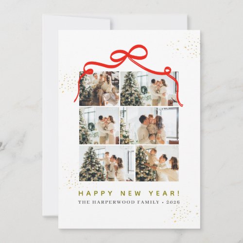 Whimsical Red Ribbon Bow Happy New Year 6 Photo Holiday Card