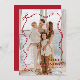 Whimsical Red Ribbon Family Photo Merry Christmas Holiday Card