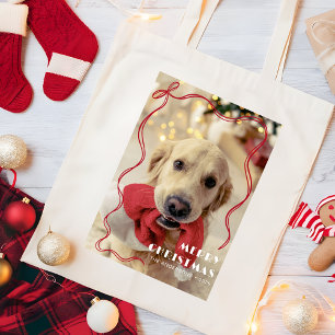 Whimsical Red Ribbon Merry Christmas Pet Photo Tote Bag