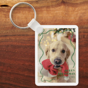 Whimsical Red Ribbon Pet Photo Merry Christmas Keychain