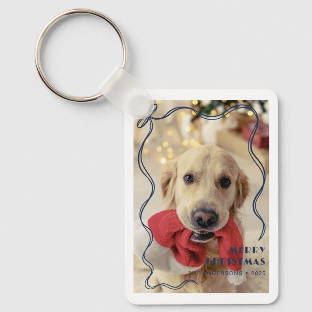 Whimsical Red Ribbon Pet Photo Merry Christmas Keychain (Front)