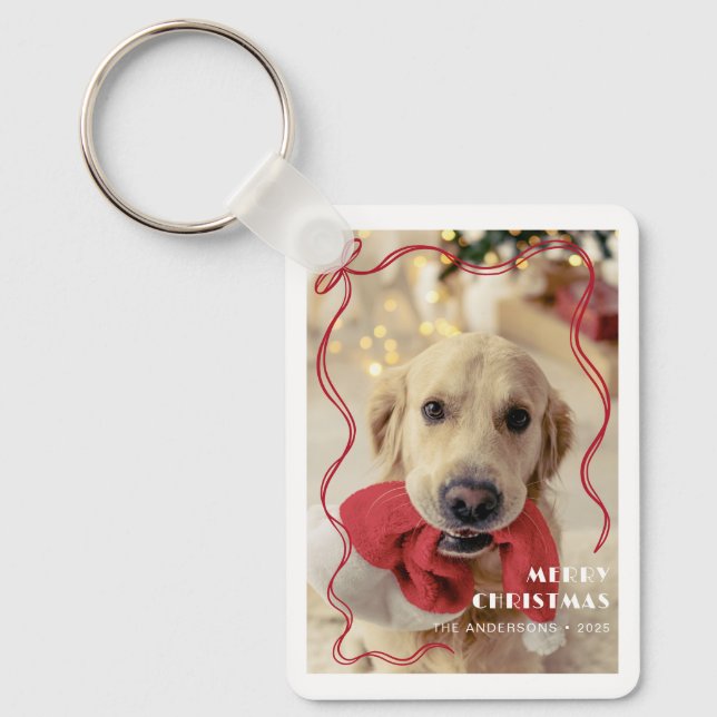 Whimsical Red Ribbon Pet Photo Merry Christmas Keychain (Front)