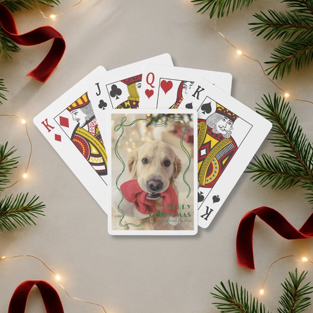 Whimsical Red Ribbon Pet Photo Merry Christmas Poker Cards (Creator Uploaded)