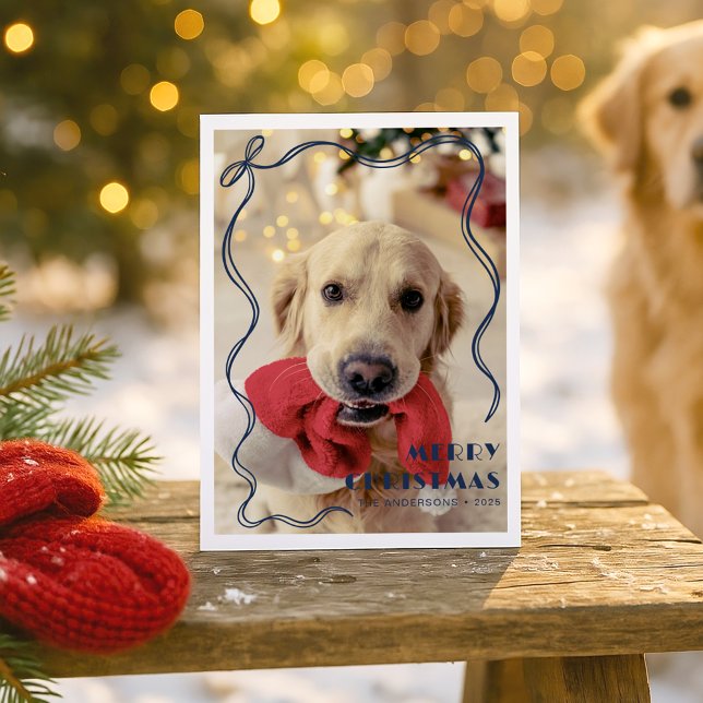 Whimsical Red Ribbon Pet Photo Merry Christmas Postcard (Creator Uploaded)