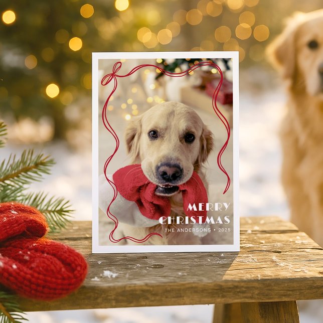 Whimsical Red Ribbon Pet Photo Merry Christmas Postcard (Creator Uploaded)