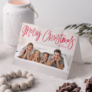 Whimsical Red Script Merry Christmas 2 Photo Holiday Card