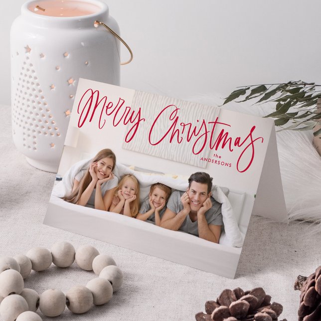 Whimsical Red Script Merry Christmas 2 Photo Holiday Card (Creator Uploaded)