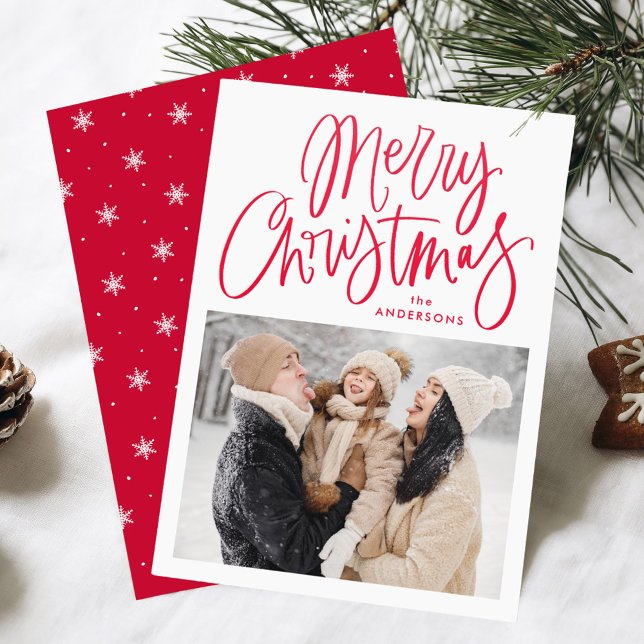 Whimsical Red Script Merry Christmas Letterpress Photo Cards (Creator Uploaded)
