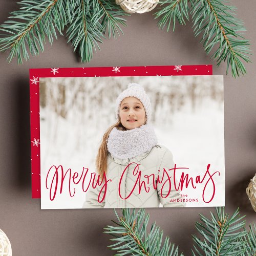 Whimsical Red Script Merry Christmas Photo Holiday Card