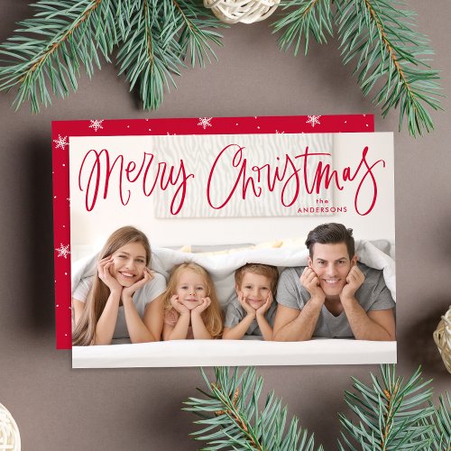 Whimsical Red Script Merry Christmas Photo Holiday Card