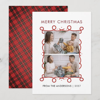 Whimsical Red Scroll Frame Merry Christmas 2 Photo Holiday Card