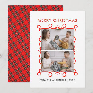 Whimsical Red Scroll Frame Merry Christmas 2 Photo Holiday Card