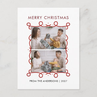 Whimsical Red Scroll Frame Merry Christmas 2 Photo Holiday Postcard