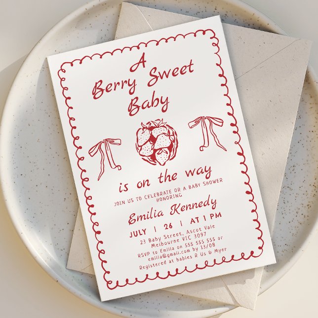 Whimsical Red Strawberry Berry Sweet Baby Shower  Invitation (Hand Drawn Berry Baby Shower Invitation Template Red, Whimsical Strawberry Baby Shower Invitation )