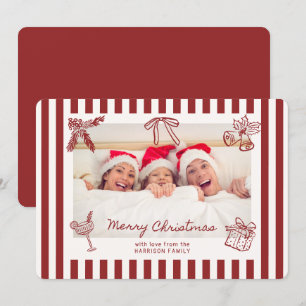 Whimsical Red Striped Family Photo Christmas Card 