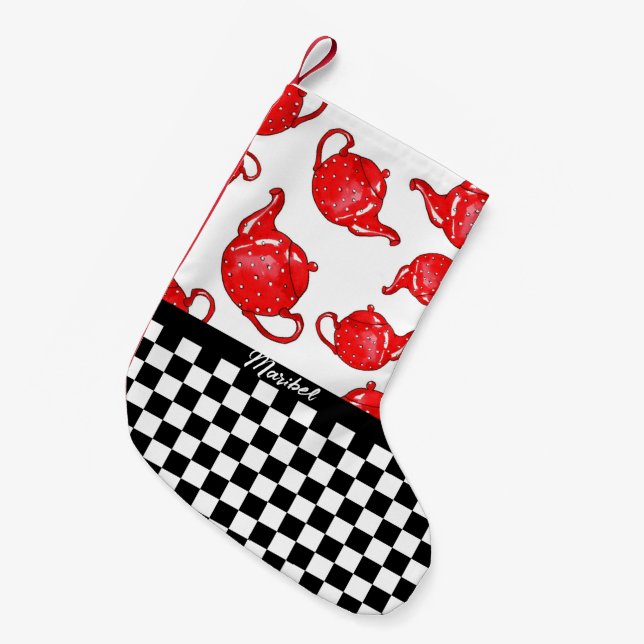 Whimsical Red Teapots Checkerboard Personalized Small Christmas Stocking (Front (Hanging))