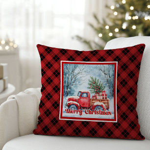 Whimsical red truck Christmas scene rustic festive Throw Pillow