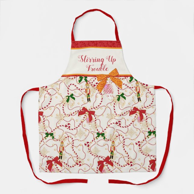 Whimsical Red Vintage Nutcracker Candy Cane Apron (Front)