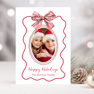Whimsical Red Wavy Frame Bow Photo Christmas Holiday Card