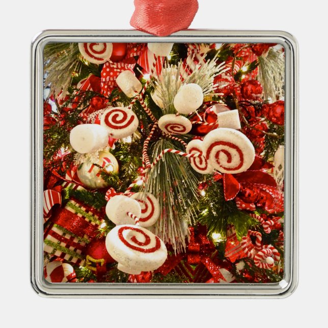 Whimsical Red & White Candy Themed Christmas Tree Metal Ornament (Front)