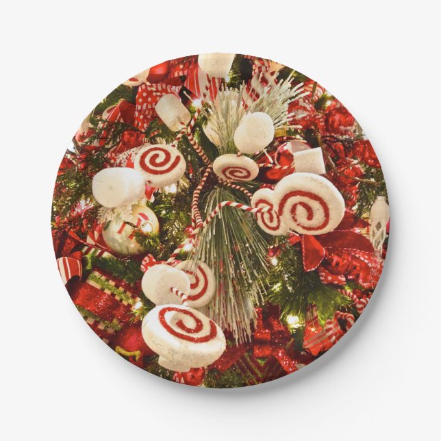 Whimsical Red & White Candy Themed Christmas Tree Paper Plates (Front)