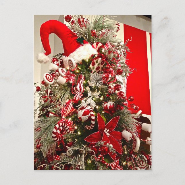 Whimsical Red & White Candy Themed Christmas Tree Postcard (Front)