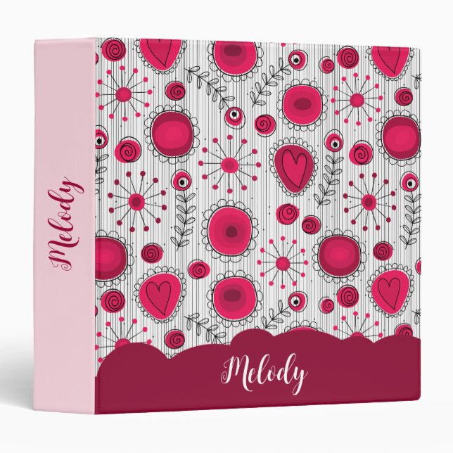 Whimsical red white hearts flowers floral name 3 ring binder (Front/Spine)