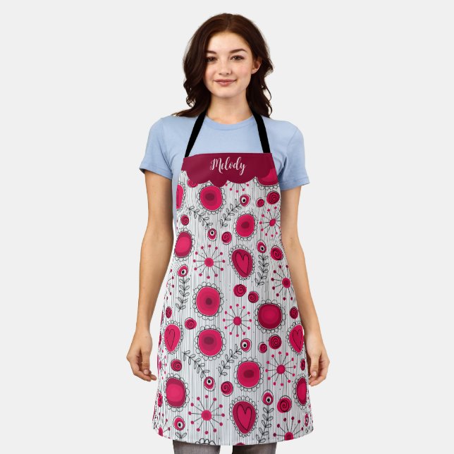 Whimsical red white hearts flowers floral name apron (Worn)
