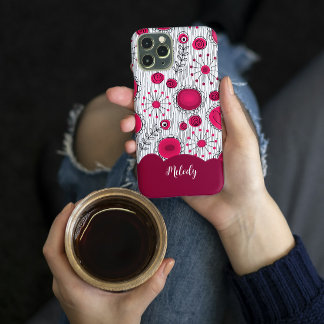 Whimsical red white hearts flowers floral name iPhone 16 case