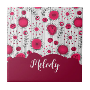 Whimsical red white hearts flowers floral name ceramic tile