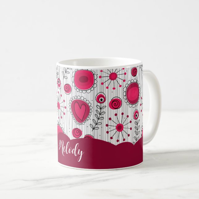 Whimsical red white hearts flowers floral name coffee mug (Front Right)
