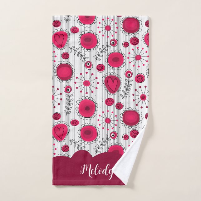 Whimsical red white hearts flowers floral name hand towel  (Hand Towel)