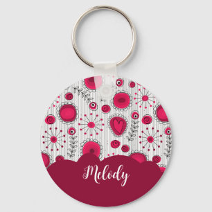 Whimsical red white hearts flowers floral name keychain