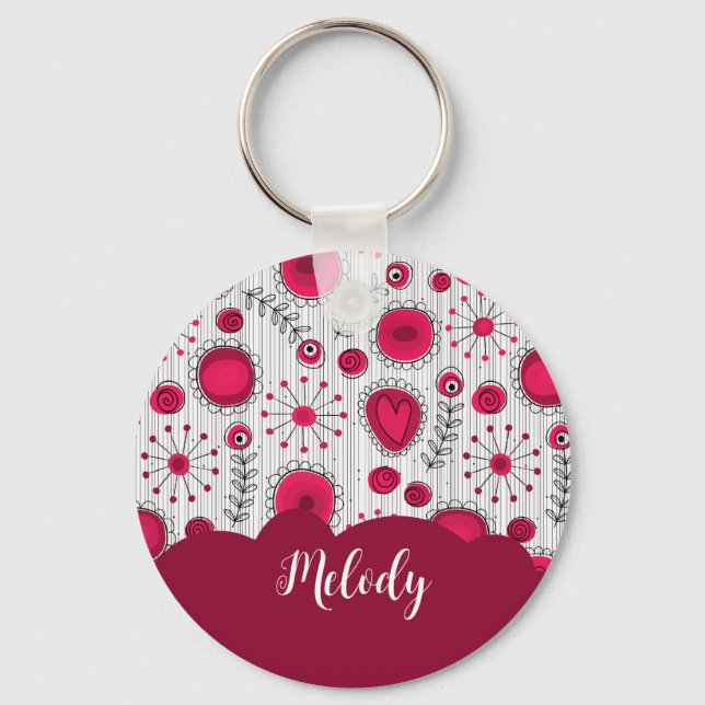 Whimsical red white hearts flowers floral name keychain (Front)