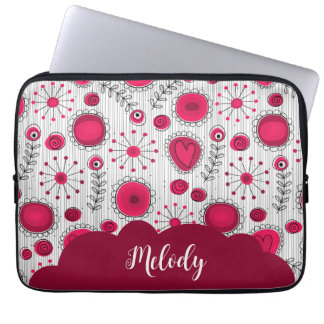 Whimsical red white hearts flowers floral name laptop sleeve