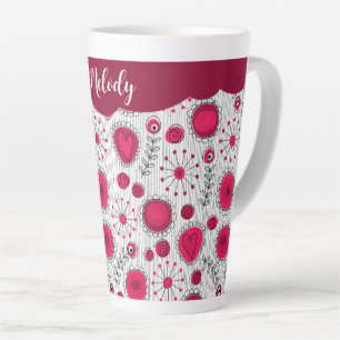 Whimsical red white hearts flowers floral name latte mug