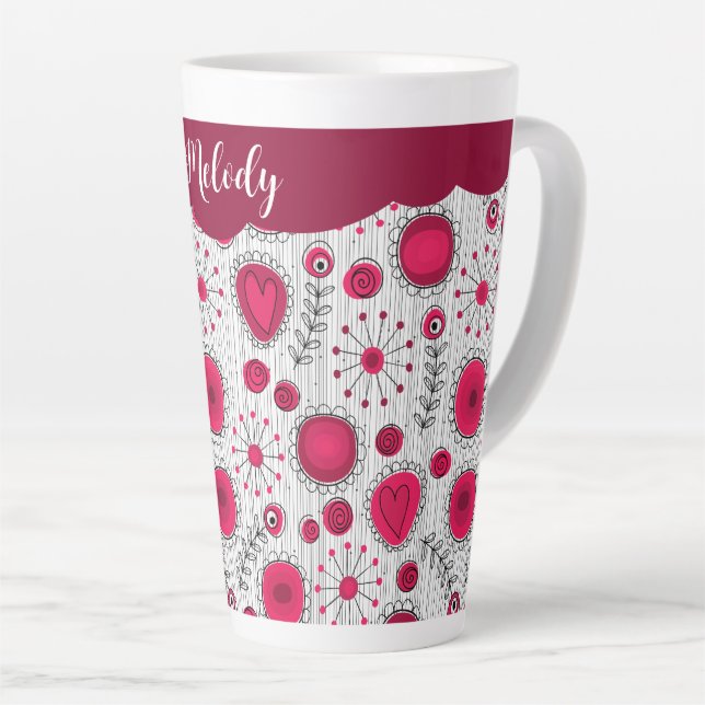 Whimsical red white hearts flowers floral name latte mug (Right Angle)