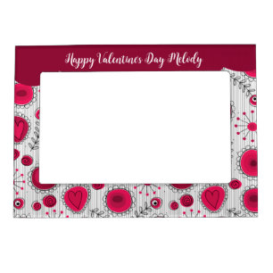 Whimsical red white hearts flowers floral name magnetic frame