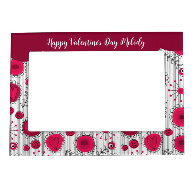 Whimsical red white hearts flowers floral name magnetic frame (Front)