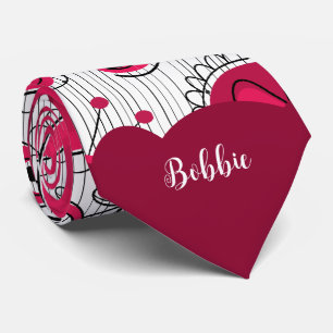 Whimsical red white hearts flowers floral name neck tie