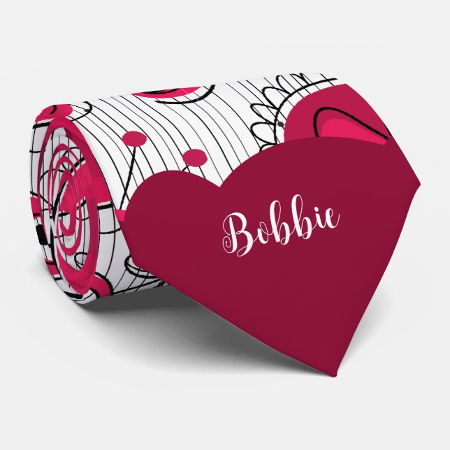 Whimsical red white hearts flowers floral name neck tie (Rolled)