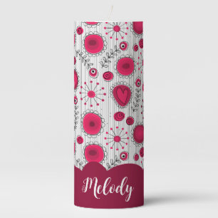 Whimsical red white hearts flowers floral name pillar candle