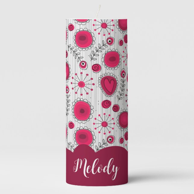 Whimsical red white hearts flowers floral name pillar candle (Front)