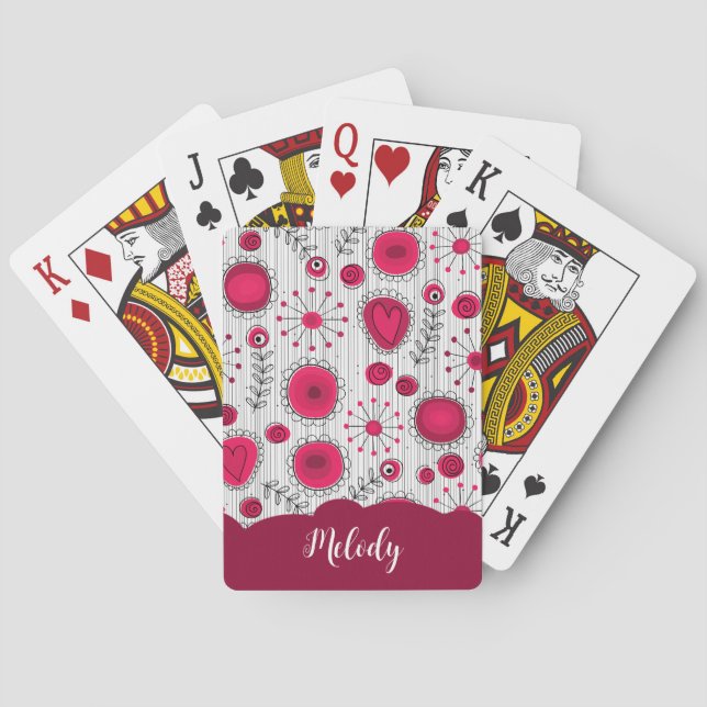 Whimsical red white hearts flowers floral name poker cards (Back)