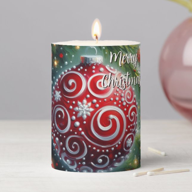 Whimsical Red White Ornament Swirls Seasonal Pillar Candle (In Situ)