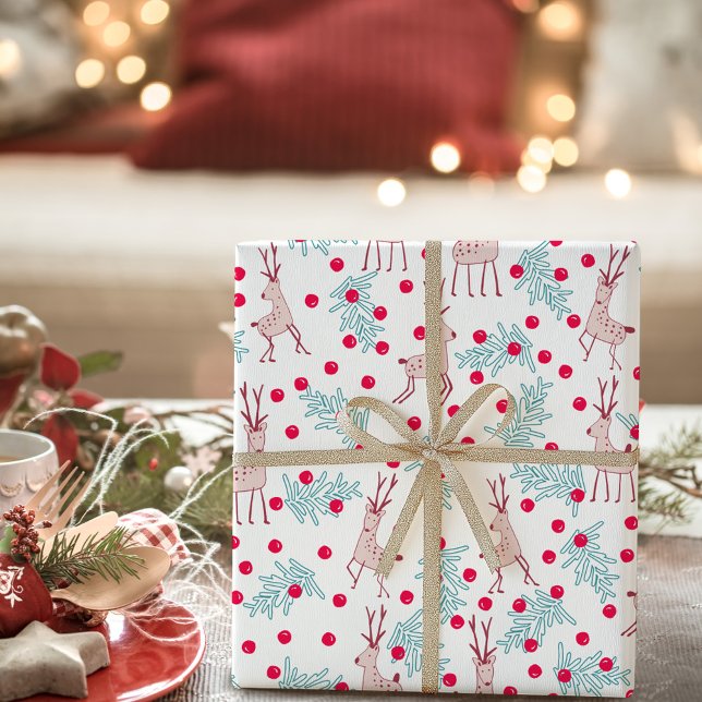 Whimsical Reindeer and Berry Christmas Pattern Wrapping Paper (Creator Uploaded)