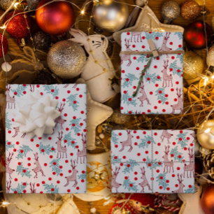 Whimsical Reindeer and Berry Christmas Pattern Wrapping Paper Sheets