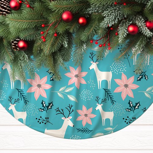 Whimsical Reindeer And Poinsettias Christmas Brushed Polyester Tree Skirt