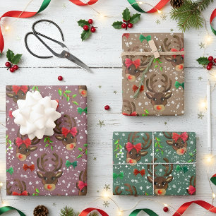 Whimsical Reindeer Bow Christmas Pattern Wrapping Paper Sheets